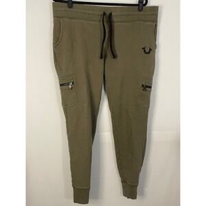 True Religion Men Cargo Jogger Pants Olive‎ Green Zipper Pockets Drawstring XL